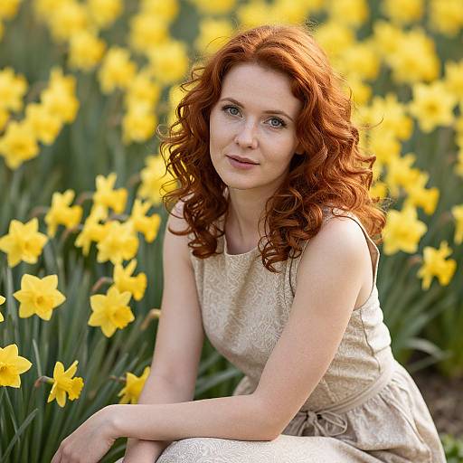 Photograph of a fair-skinned, red-haired woman with curly hair, wearing a sleeveless, cream-colored dress, crouching amid a vibrant