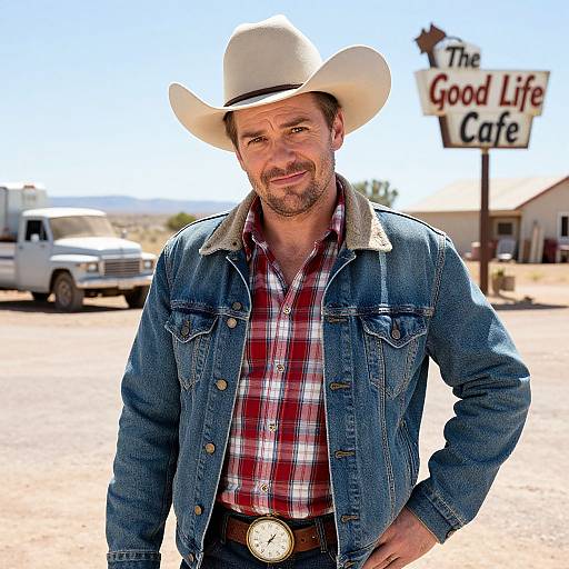Photograph of a smiling, bearded man in a white cowboy hat, red plaid shirt, and denim jacket, standing in front of 