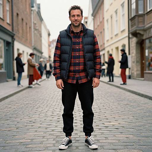 Photograph of a bearded man in a black puffer vest, red plaid shirt, black pants, and black sneakers, standing on a cob