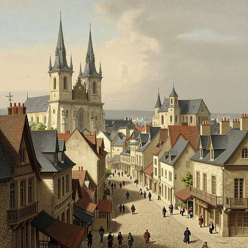 Photograph of a charming European town square with cobblestone streets, tall Gothic church towers, red-roofed buildings, and scattered pedestrians.