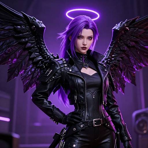 Digital art of a purple-haired angelic woman with black wings, glowing halo, and black leather outfit, standing confidently in a dark, futuristic setting.