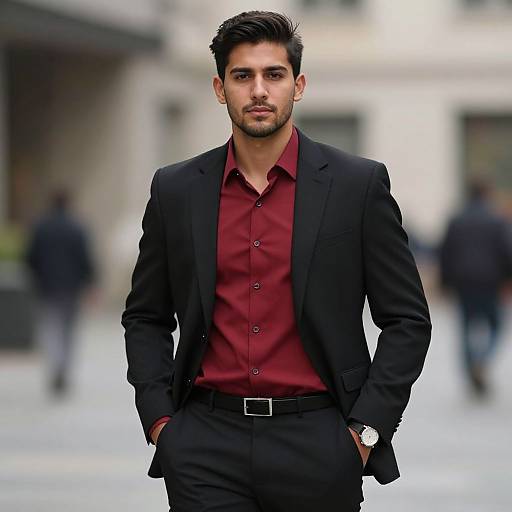 Photograph of a handsome, dark-haired man with a trimmed beard, wearing a black suit and red shirt, standing confidently in a blurred urban background.