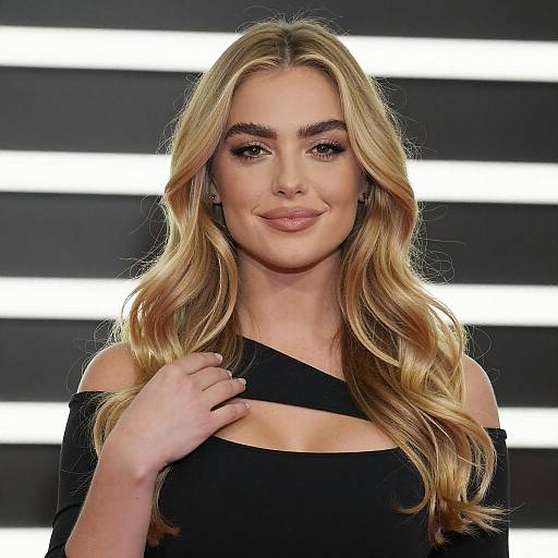 Photograph of a blonde woman with wavy hair, wearing a black off-shoulder dress, smiling against a backdrop of white horizontal lights.