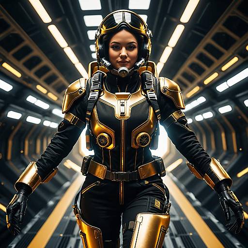Female Aviator in Futuristic Black and Gold Flight Suit