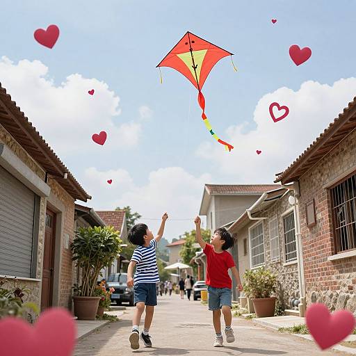 Photograph of two children flying a red kite with colorful tails down a sunny, narrow street with brick buildings and heart-shaped decorations.