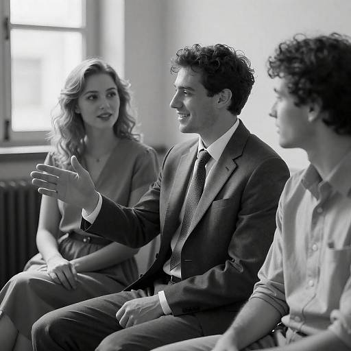 Black and White Three Person Conversation Portrait