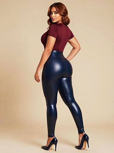 Photograph of a curvy woman with brown hair, wearing a maroon top and tight, shiny blue leather pants, black high heels, standing confidently
