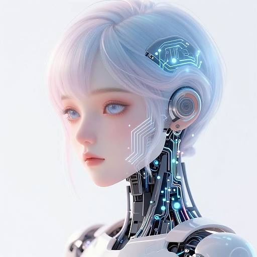 Digital art of a cybernetic woman with pale skin, white hair, and blue eyes, featuring intricate black circuitry on her neck and ear,