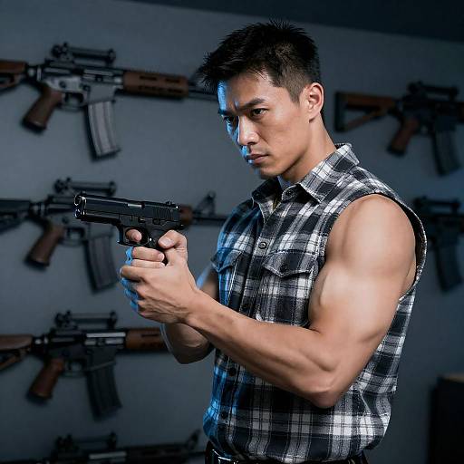 Muscular Man Holding Handgun in Blue Light