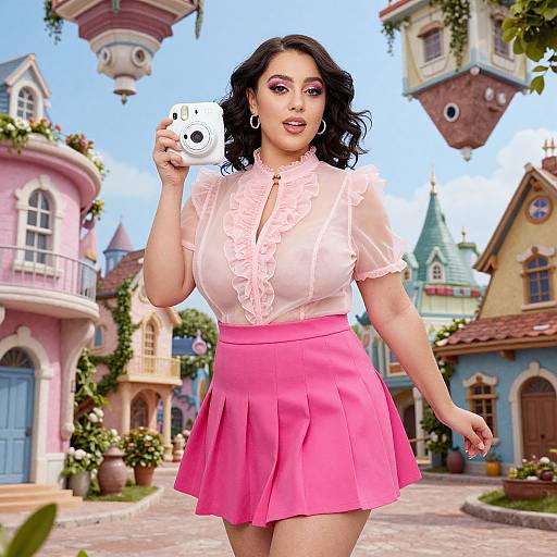 Photograph-style digital artwork of a curvy woman with medium skin tone, wavy black hair, pink blouse, and pink skirt, holding a white