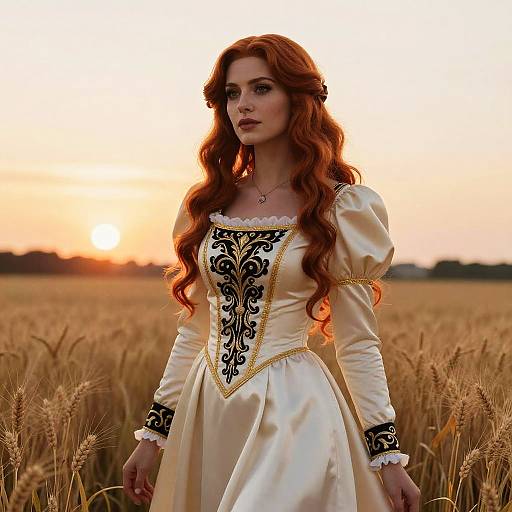 Woman in Lucrezia Noin Cosplay Dress at Sunset