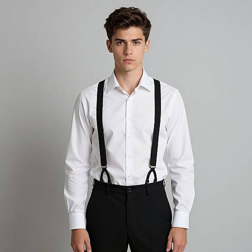 Photograph of a young, handsome man with short brown hair, wearing a white button-up shirt, black suspenders, and black pants, standing against