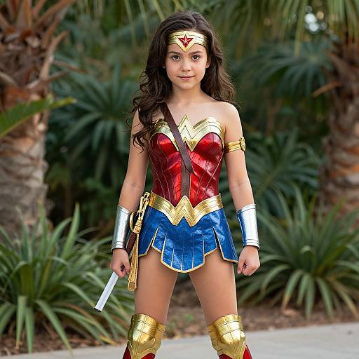 Photograph of a young Latina girl in Wonder Woman costume, standing outdoors with palm trees, wearing red bustier, blue skirt, gold arm cuffs,