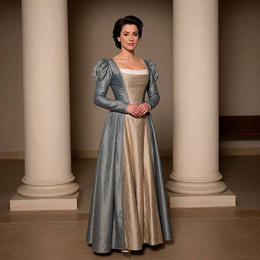 Photograph of a woman in a 18th-century style blue and gold dress with puffed sleeves, standing between two white columns.