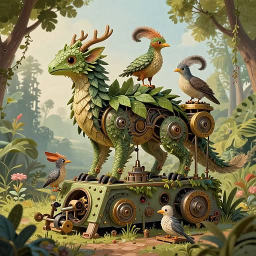 Digital fantasy artwork of a green, mechanical dragon adorned with leaves, standing in a lush forest. Various birds perch on its gears, with sunlight filtering through