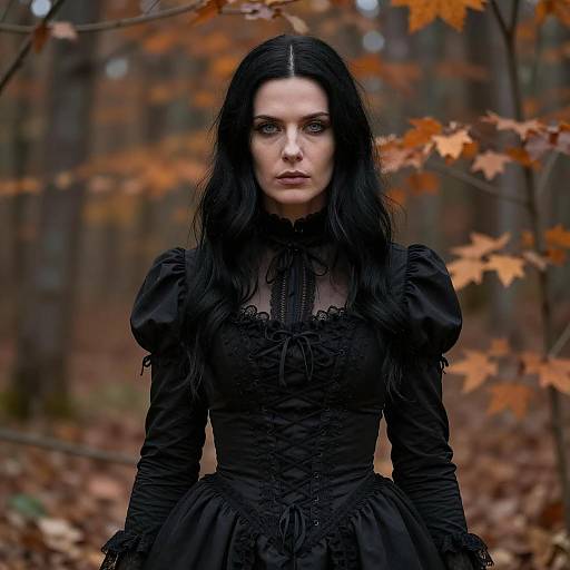 Woman in Victorian Black Dress in Autumn Forest