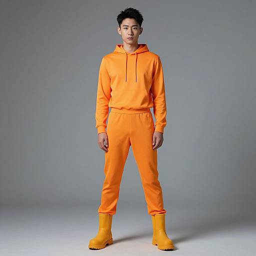 Photograph of a young Asian man with short black hair, wearing bright orange hoodie, pants, and boots, standing against a plain grey background.