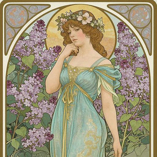 Art Nouveau Woman in Lilac Garden