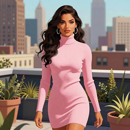 Digital art of a curvy woman with long black hair, wearing a form-fitting pink turtleneck dress, standing on a rooftop with city skyline