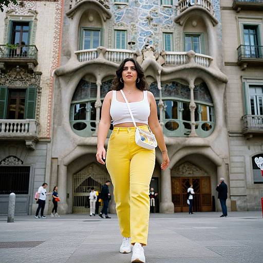 Photograph of a confident woman with medium-length black hair, wearing a white tank top, yellow high-waisted pants, and white sneakers, walking