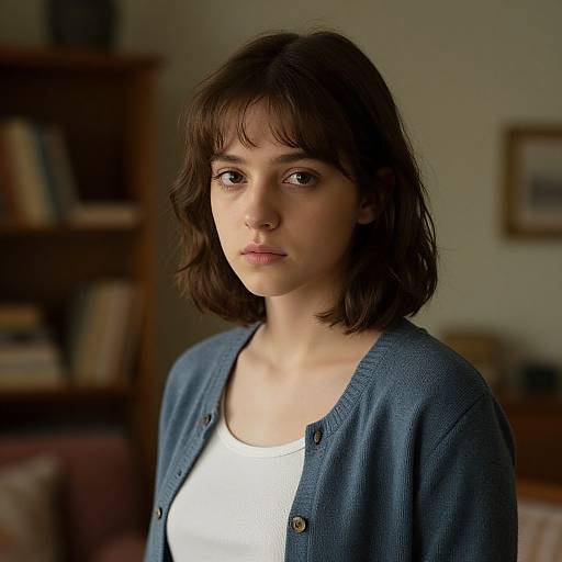 Photograph of a young woman with short brown hair, wearing a blue cardigan over a white top, standing in a dimly lit room with book