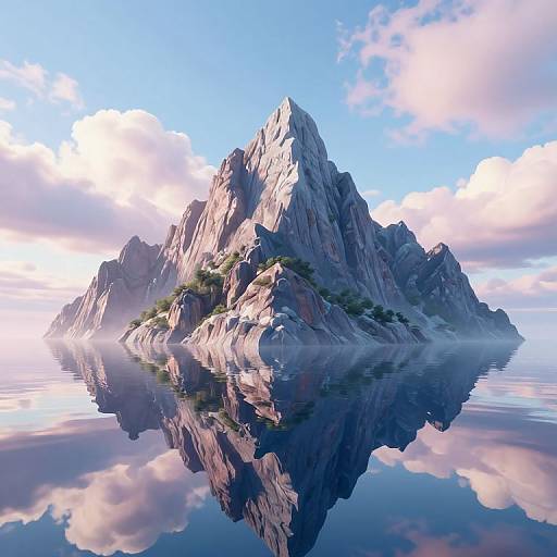 Photorealistic digital artwork of a majestic, rocky island with sharp peaks, reflected in calm water, under a bright blue sky with fluffy clouds.