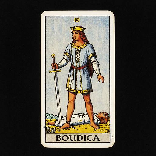 Illustration of King Boudica in medieval armor, crown, holding sword, standing over defeated enemy, labeled 