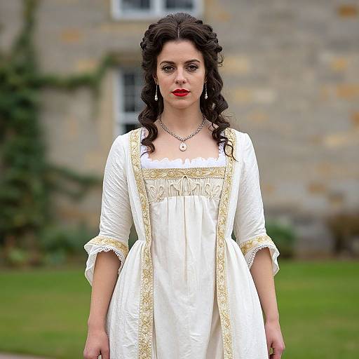 Photograph of a fair-skinned woman with dark curly hair, red lipstick, wearing a white medieval-style dress with gold trim, standing in front of