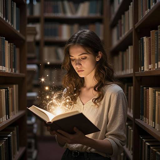 Photograph of a young woman with long brown hair, wearing a white blouse, reading a book in a library, with magical sparks surrounding the open book