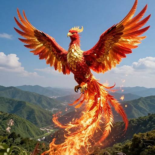 Fiery Phoenix Soaring Over Valley