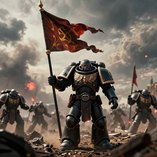 Digital artwork: Armored warrior with helmet, holding red flag with gold emblem, leading army in chaotic battlefield with clouds and debris.