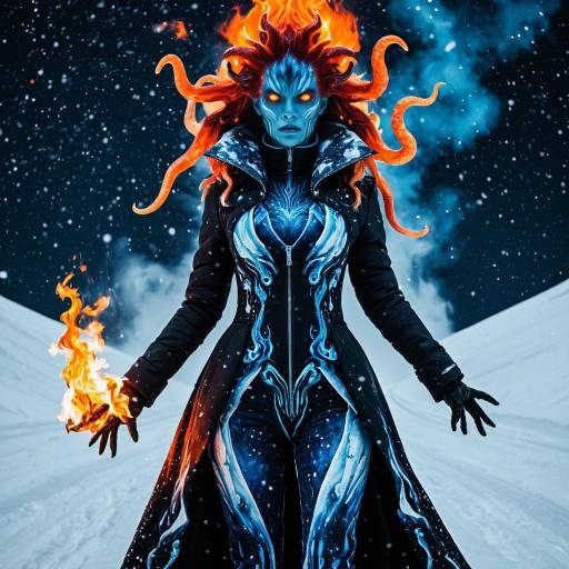 Elemental Ice Demon with Fiery Hair in Snow