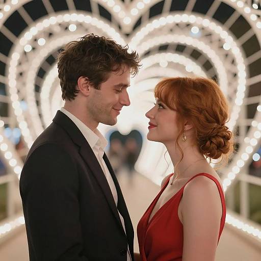 Joyful Couple Under Sparkling Heart Lights