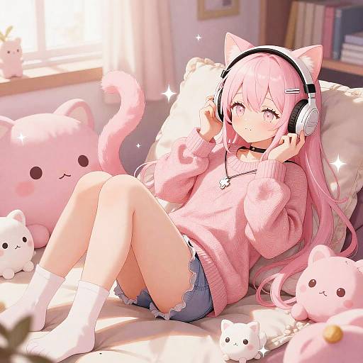 Pink Anime Cat Girl Cozy Lounge