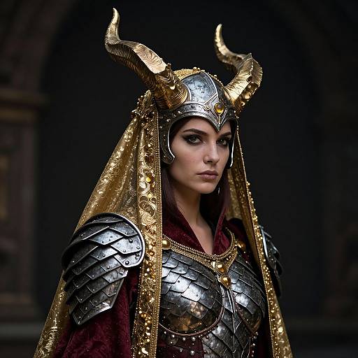 Photorealistic digital art of a young woman in ornate medieval armor with golden horns, intricate gold veil, and dark red robe.
