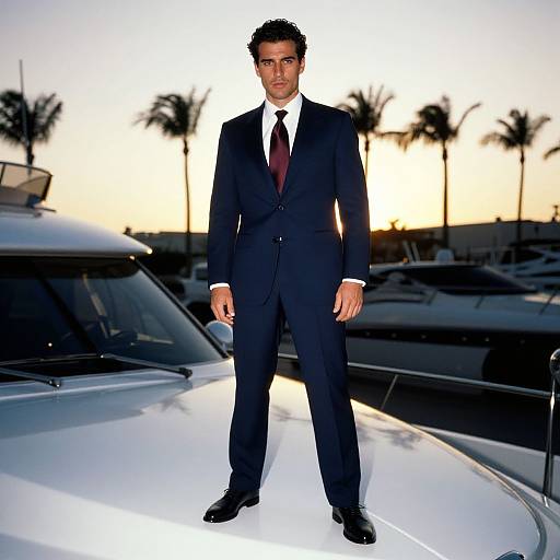 Photograph of a man in a black suit with white shirt and maroon tie, standing on a yacht at sunset, with palm trees and other y