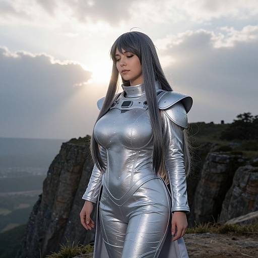 Photograph of a woman with long black hair in shiny silver medieval armor, standing on a rocky cliff at sunset, eyes closed, with a cloudy sky