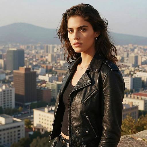Photograph of a brunette woman with wavy hair, wearing a black leather jacket, standing against a cityscape backdrop with mountains in the distance. She