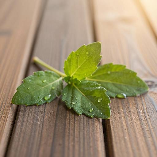 Dewy Green Leaves on Wooden Table