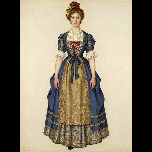 Photograph of a fair-skinned woman with brown hair in an updo, wearing a 19th-century blue and gold brocade dress with white