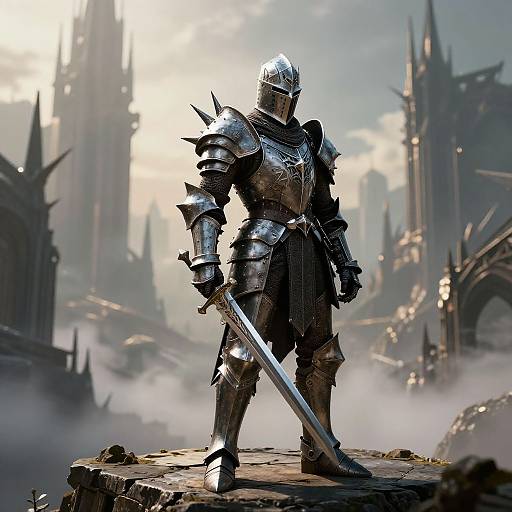 Digital art of a knight in shiny silver armor with a sword, standing on a stone platform in a misty, ruined, gothic city. Sun