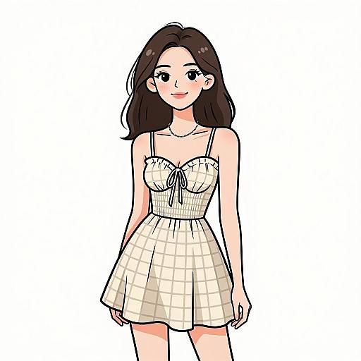 Digital illustration of a smiling woman with fair skin, dark brown hair, wearing a white plaid, spaghetti-strap dress, standing against a plain white