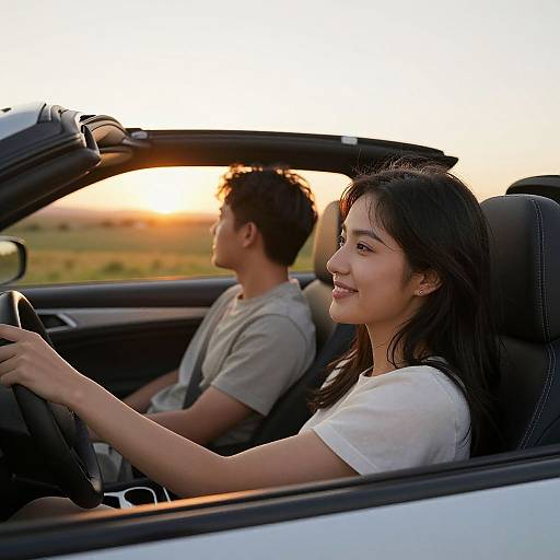 Smiling Woman in Convertible at Sunset