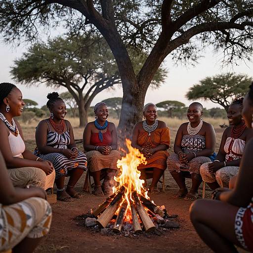 Photograph of six African women, adorned in traditional beadwork and patterned skirts, sitting around a campfire under a tree in a savanna at