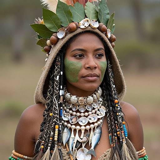 Photograph of a Black woman with green face paint, wearing a feathered headdress, layered jewelry, and beadwork, in a blurred natural background