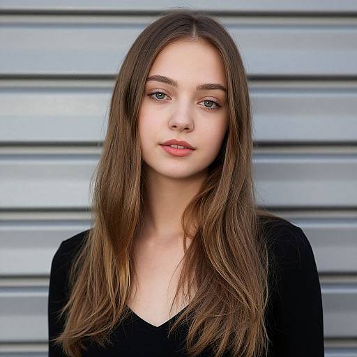 Photograph of a young woman with long brown hair, fair skin, light makeup, and wearing a black V-neck top, against a gray horizontal-pane