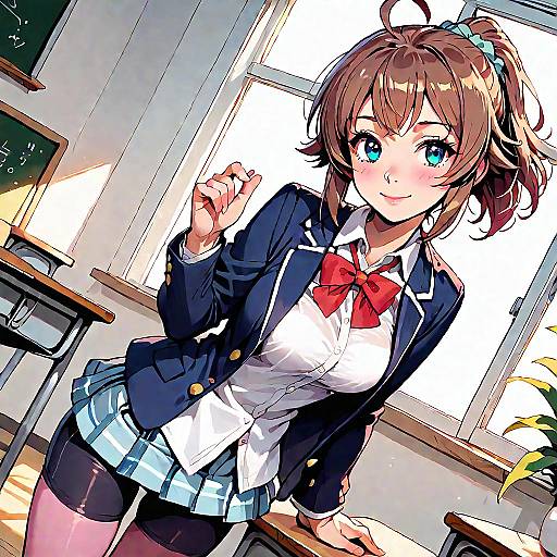 Anime-style digital drawing of a cute, brown-haired girl in a school uniform with a red bow, black blazer, and plaid skirt, leaning