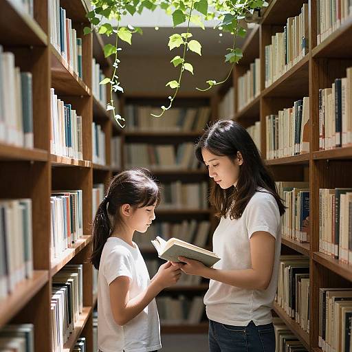 Photograph of two Asian women in white shirts, reading books in a sunlit library aisle with wooden shelves and leafy vines overhead.