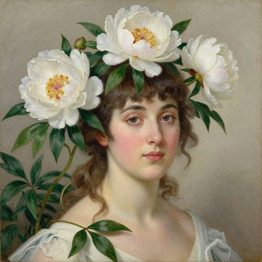 Digital painting of a fair-skinned woman with brown curls, wearing a white dress, adorned with a floral headpiece of large white peonies and