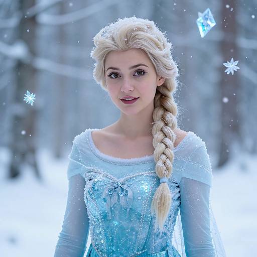 Photograph of a fair-skinned blonde woman with a long braid, wearing a sparkling blue Elsa-inspired winter dress, standing in a snowy forest with